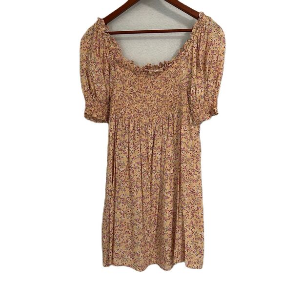 As U Wish Dress Women Large Peach Floral Smocking Boho Peasant Fairy Princess - Picture 2 of 11